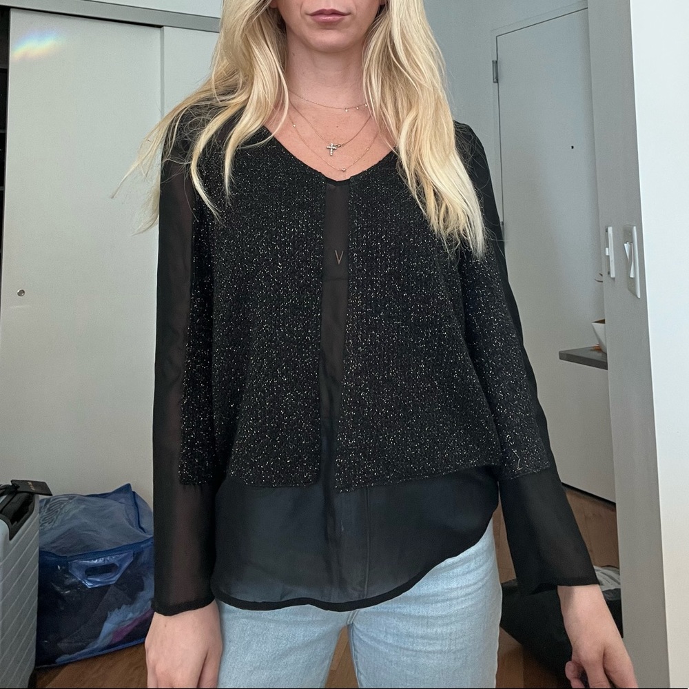 ARYN K black glittered top with sheer panels